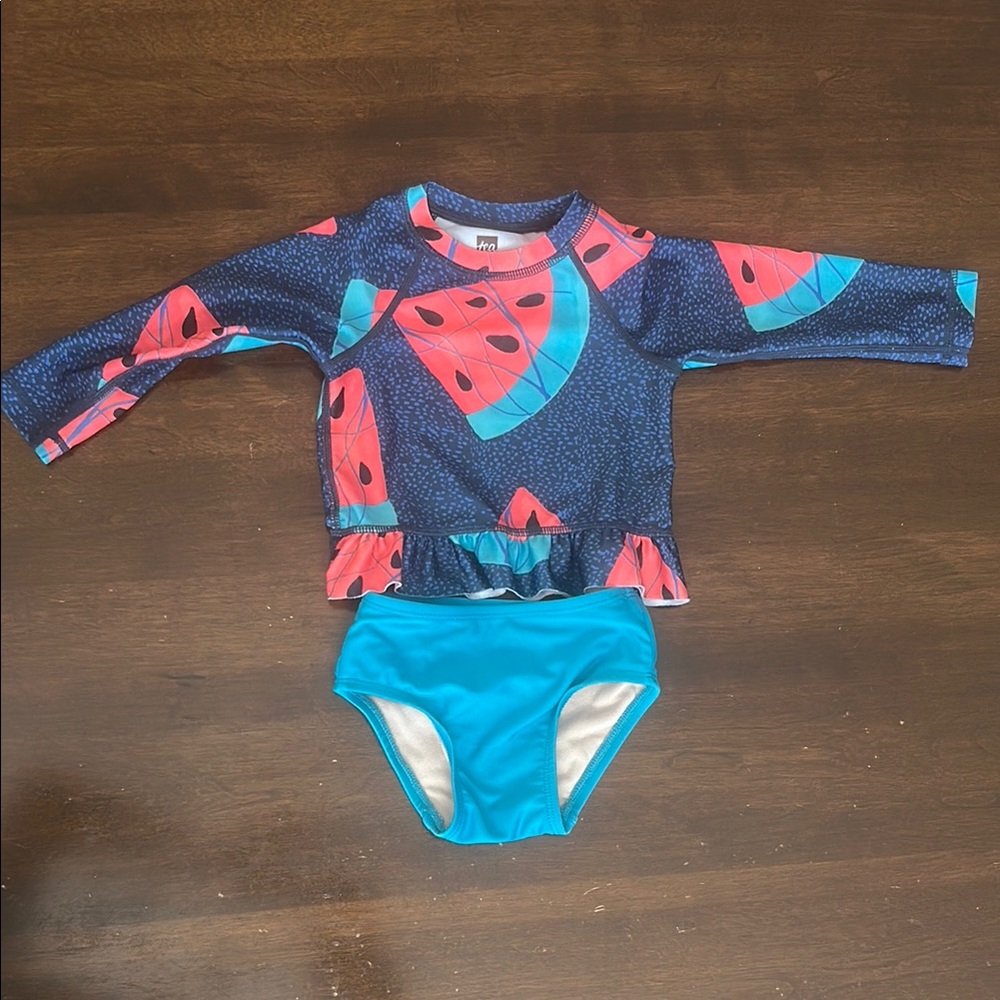 Ruffle Butts Blue and Red Rashguard Swim Set